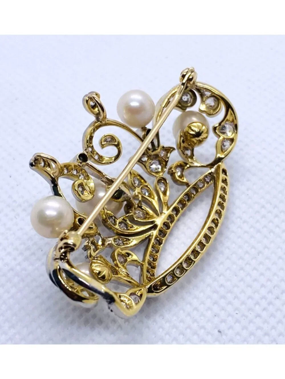 Platinum 950 18K Yellow Gold Pearl & Diamond Tiara Brooch